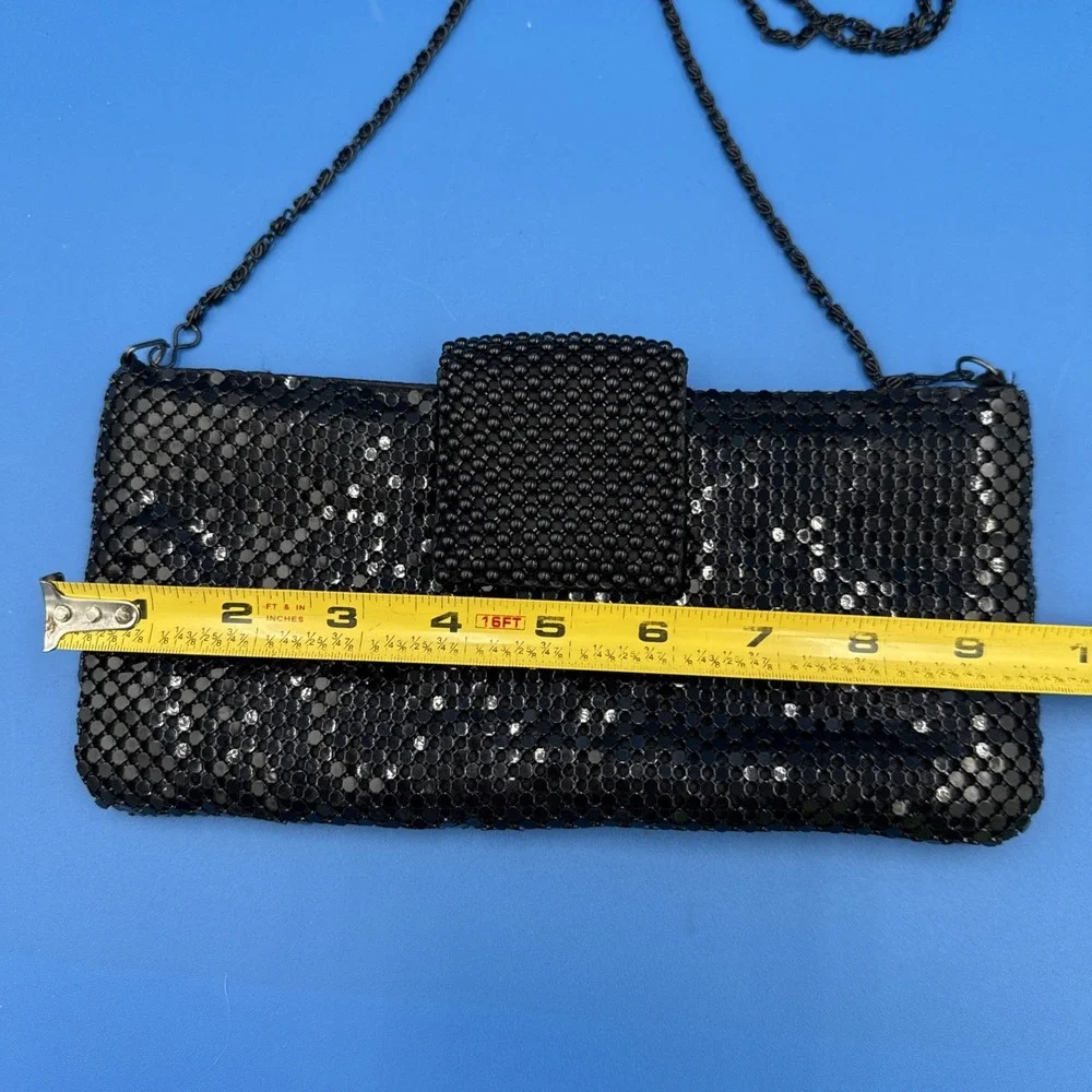 Black Beaded Evening Bag Metal Chain Shoulder Strap Purse Clutch Satin Inside